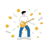 illustrazione di finanza. investimento. interesse. illustrazione di un' uomo giocando un' chitarra e diffusione i soldi. vettore