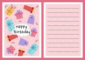 contento compleanno vettore saluto carta modello. regalo scatola, regalo, luminosa sorpresa con archi, nastri, stelle, cuori. vuoto per un' festivo festa, evento. piatto cartone animato clipart con didietro, copia spazio