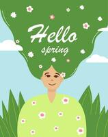 Ciao primavera. primavera ragazza con lungo verde capelli. cartolina e un' bandiera per primavera. blu striscione. fertile terra vettore