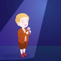 ragazzino bambino ragazzino in piedi microfono riflettore palco vettore cartone animato