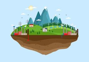 sfondo di fornitura di energia ecologica sostenibile vettore illustrazione piatta centrale elettrica edifici della stazione con pannelli solari, gas, geotermico, rinnovabili, acqua e turbine eoliche