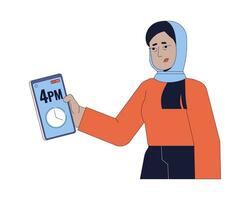 esausto hijab donna controllo tempo su cellulare 2d lineare cartone animato carattere. insonne musulmano sciarpa femmina isolato linea vettore persona bianca sfondo. essere in ritardo colore piatto individuare illustrazione