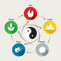 Cinese feng shui astrologico simboli, fuoco, terra, metallo, aria e legna nel un' cerchio con yin yang simbolo. illustrazione, vettore
