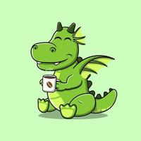 piccolo drago illustrazione vettoriale tenendo la tazza di caffè isolato su uno sfondo verde.