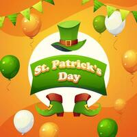 st. Patrick giorno saluto carta. testo, cappello, nano scarpe, palloncini, ghirlande. vettore illustrazione per vacanza