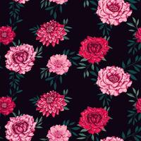 senza soluzione di continuità artistico modello con fiori peonie, dalie con le foglie. colorato rosso, rosa floreale su un' buio nero sfondo stampa. vettore mano disegnato. modello per tessile, moda, tessuto, sfondo