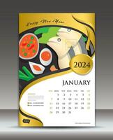 calendario 2024 modello tailandese cibo concetto vettore, gennaio modello, scrivania calendario 2024 vettore disegno, parete calendario 2024 anno, stampa media, manifesto, opuscolo aviatore vettore, oro sfondo