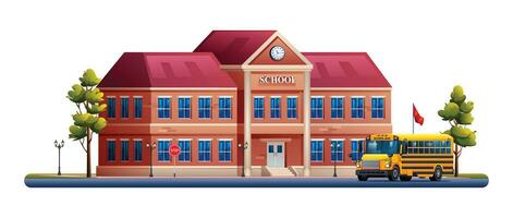 scuola edificio con giallo scuola autobus vettore cartone animato illustrazione isolato su bianca sfondo
