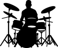 ai generato un' batterista musicista drumming batteria nel dettagliato silhouette. ai generato illustrazione. vettore