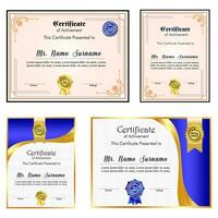 certificato di realizzazione modello impostato con oro distintivo e confine, apprezzamento e realizzazione certificato modello design. elegante diploma certificato modello vettore