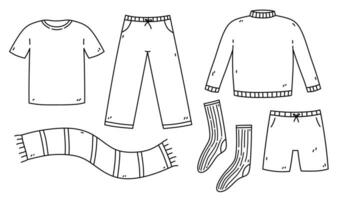 impostato di Uomini capi di abbigliamento - maglietta, pantaloni, corti, maglione, sciarpa, calzini. vettore disegnato a mano illustrazione nel scarabocchio stile. Perfetto per carte, decorazioni, logo, vario disegni.