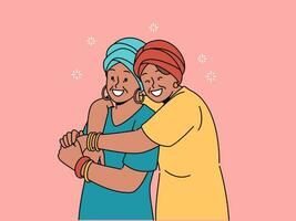 contento adulto madre e figlia nel nazionale africano Abiti abbraccio insieme, gioia a incontro. maturo donna abbracciare anziano madre, sensazione gratitudine e riconoscimento per bene educazione vettore