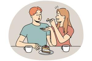 contento coppia mangiare torta insieme. sorridente donna alimentazione uomo delizioso dolce potabile tè. vettore illustrazione.
