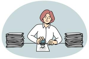 donna sedersi a scrivania stampaggio documenti. femmina dipendente occupato con lavoro d'ufficio a posto di lavoro. ufficio lavoro concetto. vettore illustrazione.