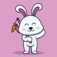 carino coniglio Tenere bastone con carota vettore cartone animato illustrazione