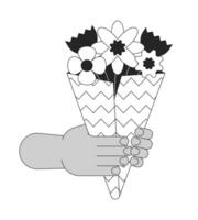 Tenere mazzo di fiori cartone animato umano mani schema illustrazione. regalare fiori selvatici mazzo 2d isolato nero e bianca vettore Immagine. trasporto floreale regalo piatto monocromatico disegno clip arte