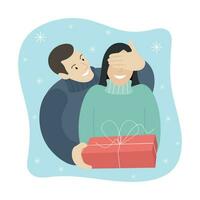 contento coppia, tipo dà ragazza un' regalo, isolato su bianca, piatto vettore, evento, inverno illustrazione vettore