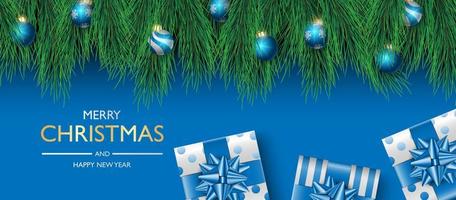 disegno di sfondo banner natalizio, scatola regalo su sfondo blu, sfondo copertina natalizia, biglietto di auguri, illustrazione vettoriale