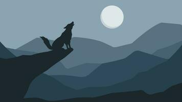 natura lupo paesaggio vettore illustrazione. silhouette di lupo ululato a pieno Luna notte. natura lupo paesaggio per illustrazione, sfondo o sfondo