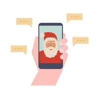 ragazzo fabbricazione video chiamata con Santa claus. mano Tenere smartphone. Santa chiamata su dispositivo schermo, natale chat in linea utilizzando mobile App durante pandemia lockdown su inverno vacanze. vettore illustrazione.