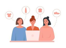 amiche ordinazione in linea su il computer portatile. shopping insieme con amici su Al dettaglio negozio. la scelta diverso elementi regalo, scarpe, cosmetici, Abiti. bandiera per e-commerce sito web. vettore illustrazione.