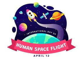 internazionale giorno di umano spazio volo vettore illustrazione su 12 aprile con astronauta in piedi su il Luna, trasmettitore satelliti e pianeti