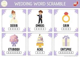 vettore nozze parola corsa attività carte. inglese linguaggio gioco con sposa e sposo per bambini. matrimonio cerimonia famiglia quiz con damigella d'onore, squillo, torta. educativo stampabile foglio di lavoro