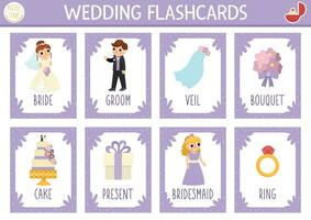 vettore nozze carte impostare. inglese linguaggio gioco con sposa e sposo per bambini. matrimonio cerimonia flashcard con damigella d'onore, squillo, torta. semplice educativo stampabile foglio di lavoro.