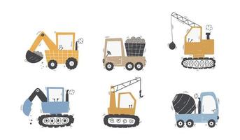 simpatici camion e escavatori per bambini in stile scandinavo su sfondo bianco. attrezzature edili. trasporto di costruzione divertente. vettore