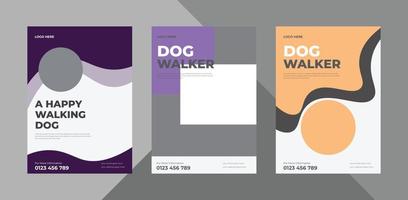 design del volantino del servizio di dog walker. modello di progettazione dell'opuscolo del manifesto del servizio di passeggio per animali domestici. bundle, modello a4, design brochure, copertina, flyer, poster, pronto per la stampa vettore