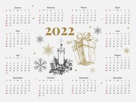 2022 albero di natale anno nuovo schizzo calendario settimana inizia domenica. vettore