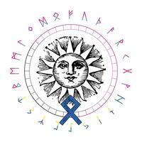 maglietta design di il sole circondato di runico alfabeto. vichingo lettera chiamato othila. solare Dio vettore
