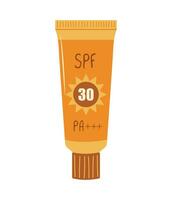 protezione solare arancia tubo. crema solare idratante lozione. viso crema con spf. protezione per pelle a partire dal solare ultravioletto luce. mano disegnato estate cosmetico. vettore illustrazione nel piatto cartone animato stile