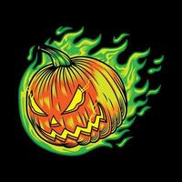 disegno dell'illustrazione del carattere della zucca di Halloween con la fiamma del fuoco al neon nella priorità bassa nera. buono per logo, sfondo, maglietta, banner vettore