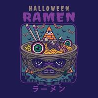 illustrazione design di deliziosi spaghetti ramen giapponesi sulla ciotola con stile piatto vintage mummia di halloween. buono per logo, sfondo, maglietta, banner vettore