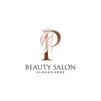 donna bellezza logo design vettore illustrazione con lettera p e corona icona