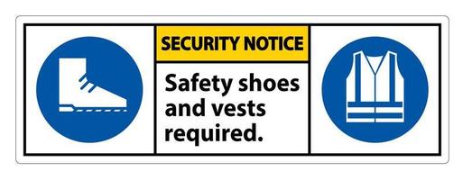 segnale di avviso di sicurezza scarpe antinfortunistiche e giubbotto richiesti con simboli dpi su sfondo bianco, illustrazione vettoriale