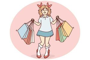 poco divertente ragazza con shopping centro commerciale borse è in piedi nel alto tacco piace a madre. vettore Immagine