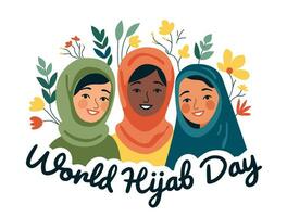 coperto ragazze nel hijab Tenere fiori. internazionale hijam giorno. tre musulmano donne siamo sorridente. piatto, cartone animato, vettore. vettore