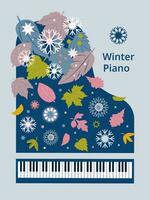 artistico inverno manifesto con blu pianoforte foglie, i fiocchi di neve e testo, su un' leggero grigio-blu sfondo. moderno geometrico stile. per musica riviste banner vettore