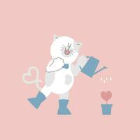 carino e bello gatto Tenere irrigazione può piantare cuore forma pianta, contento san valentino giorno, compleanno, amore concetto, piatto vettore illustrazione cartone animato personaggio costume design