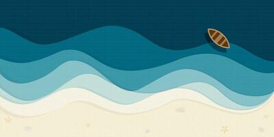 astratto blu mare con barca e bianca sabbia spiaggia superiore Visualizza vettore illustrazione. tropicale blu mare concetto piatto design sfondo.