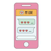 vecchio rosa smartphone con amore messaggi. amore concetto nel retrò Groovy stile, vecchio Vintage ▾ Telefono con carino cuori e bello sms. san valentino giorno elemento. vettore