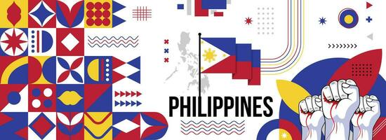 Filippine nazionale o indipendenza giorno bandiera per nazione celebrazione. bandiera e carta geografica di filippina con sollevato pugni. moderno retrò design con typorgaphy astratto geometrico icone. vettore illustrazione