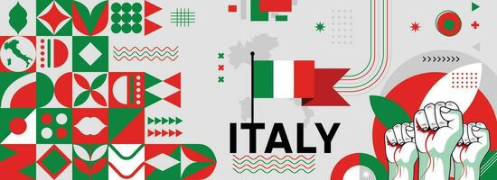 Italia nazionale o indipendenza giorno bandiera per celebrazione. bandiera e carta geografica di Italia con sollevato pugni. moderno retrò design con typorgaphy astratto geometrico icone. vettore illustrazione