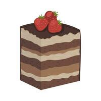 un' pezzo di cioccolato torta nel un' sezione decorato con fragole vettore