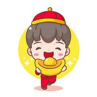 carino ragazzo celebrare Cinese nuovo anno cartone animato illustrazione. mano disegnato chibi carattere. vacanza concetto design. isolato bianca sfondo vettore