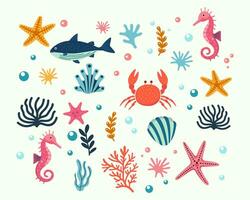 marino vita illustrazione modello vettore corallo, guscio, pettine, stella marina, in profondità mare sfondo disposizione silhouette stampabile