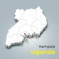 Uganda 3d carta geografica con frontiere di regioni e suo capitale vettore