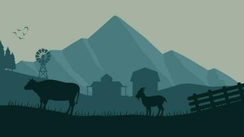 terreni agricoli paesaggio vettore illustrazione. campagna silhouette con bestiame mucca e capra. rurale agricoltura paesaggio per illustrazione, sfondo o sfondo